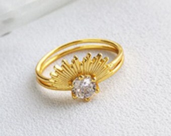 CZ Gold Sun Ring 18K Gold Plated over Sterling Silver, Rising Sun Starburst, Minimal Stacking Fashion Zirconia Rings