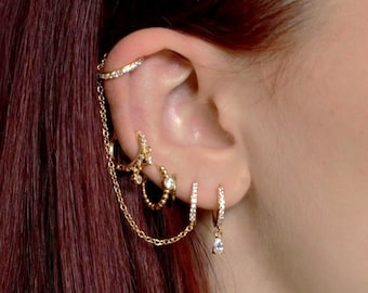 Earring set 4 piece mismatch combo CZ hoop Dangle, Curated Ear stacks for multi piercing cartilage helix