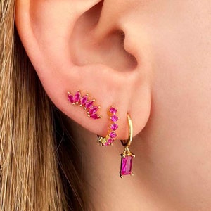 Ear climber earrings gold CZ Marquise Dainty Lotus Petal Cartilage stack Second hole Zirconia Black Turquoise and Ruby Pink earrings image 3