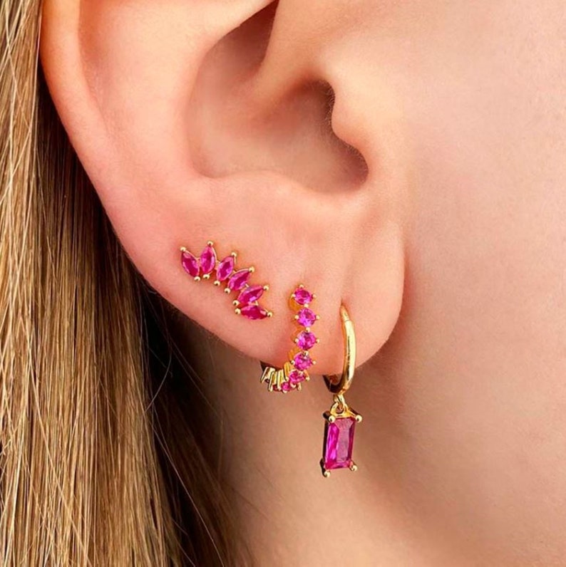 Ear climber earrings gold CZ Marquise Dainty Lotus Petal Cartilage stack Second hole Zirconia Black Turquoise and Ruby Pink earrings image 3