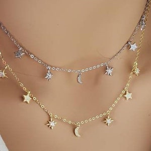 Moon And Star Dangle Necklace, Dainty Gold Star Moon Choker, Trendy Layering, Festive Jewelry, Star Sterling Silver CZ Charm