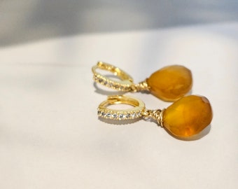 Hoop Earrings Dangle Chalcedony Stone Wire wrapped - Gemstone Drop Earrings Handmade - Burnt Orange yellow hue stone