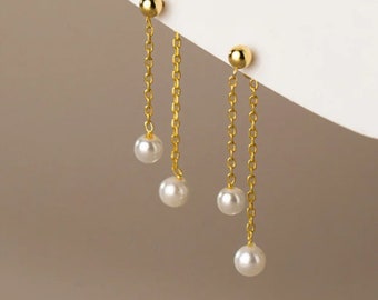 Pearl drop chain earrings stud trendy and dainty  - Front and back Ear Jacket Simple Light weight Casual Earrings - Gifts for her