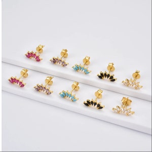 Ear climber earrings gold CZ Marquise Dainty Lotus Petal Cartilage stack Second hole Zirconia Black Turquoise and Ruby Pink earrings image 9