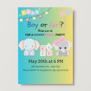 Adorables elefantes bebés: niño y niña, ¡invitaciones para revelar el género de tu bebé en tu día especial! Edita el contenido a tu gusto.