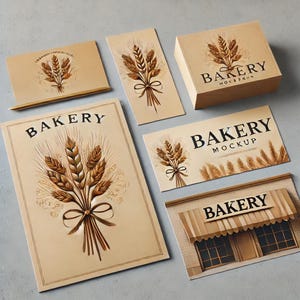 Puede incluir: Un conjunto de maquetas de marca de panadería marrones y beige con un diseño de espiga de trigo. Las maquetas incluyen una tarjeta de visita, una tarjeta doblada, una caja, un letrero y un folleto. El texto "BAKERY" aparece en cada maqueta.