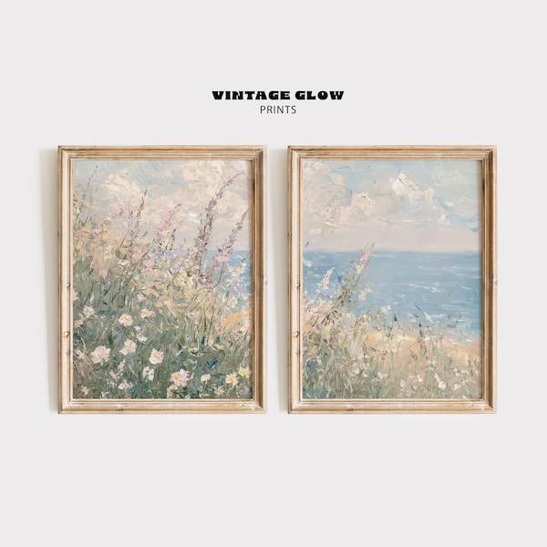 Conjunto imprimible de 2 flores silvestres costeras / Arte paisajístico veraniego neutro / Estampados florales vintage de playa / Descarga digital / #V77