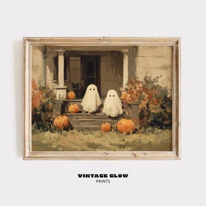 Cute Ghosts in Pumpkin Patch Painting | Vintage Haunted Farmhouse Halloween Art | Country Cottage Fall Printable Decor | #V379