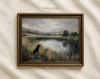 Vintage Black Labrador Countryside Print | Rustic Farmhouse Dog by Pond Wall Art | Digital Download