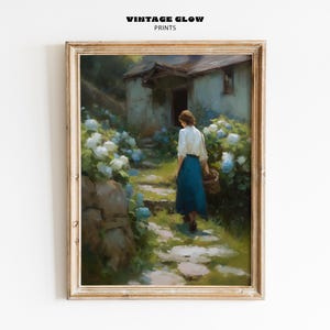 Vintage blauwe hortensia kunst aan de muur | Romantisch bloemenschilderij | Digitale download Cottagecore | Zacht decor in boerderijstijl | #V153