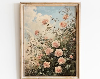 Lámina con pintura al óleo de un jardín de rosas vintage / Arte floral estilo shabby chic (descarga digital)