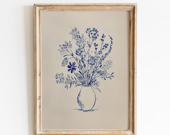 Blue Floral Still Life Print | Boho Botanical Fine Line Flower Wall Art | Digital Download