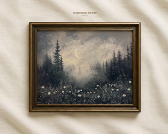 Dark Moody Wildflower Field Print | Vintage Cottagecore Floral Landscape Wall Art | Digital Download