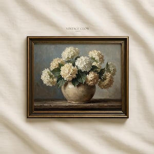 Vintage Hydrangeas Vase Print | Muted Antique Floral Wall Art | Digital Download | #V169