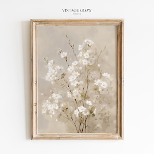 Kwiatowy nadruk w stylu vintage w kolorze białym | Neutralna dekoracja ścienna w stylu rustykalnym Cottagecore | Pobieranie cyfrowe