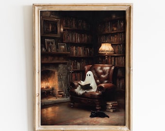Ghost Reading Book Print, Cozy Library Illustration, Dark Academia Halloween Wall Art, Digital Download