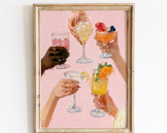Cocktail Art Print | Oil Painting Style Bar Cart Wall Art | Blush Pink Decor