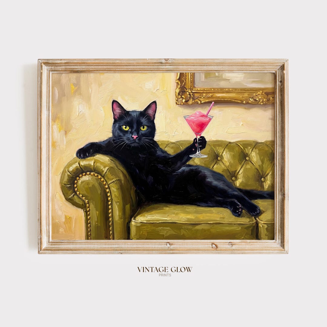 Retro Black Cat Martini Print | Vintage Cocktail Bar Eclectic Wall Art ...