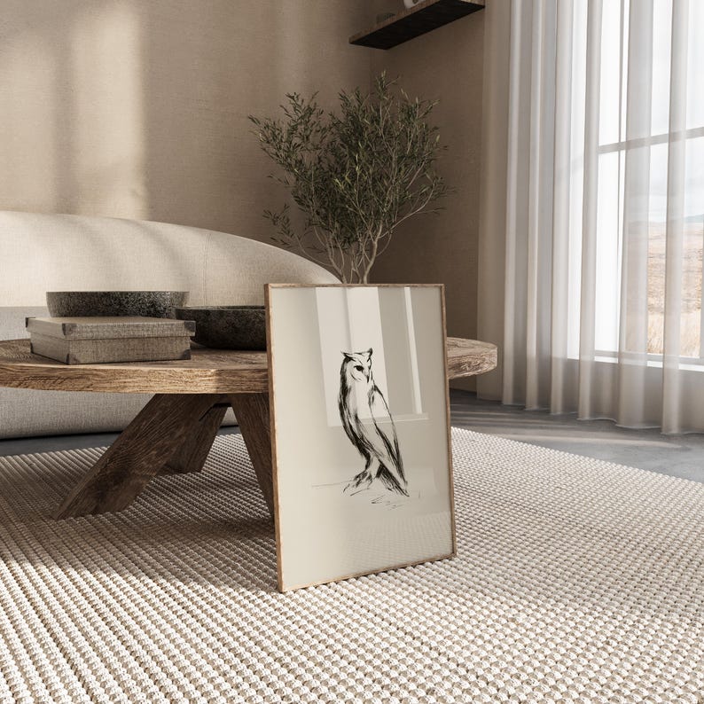 Vintage Owl Sketch Print | Minimal Rustic Woodland Line Drawing Wall ...