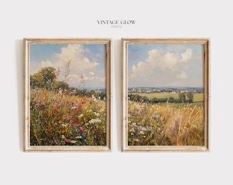 Spring Wildflower Field Set of 2 Prints | Colorful Neutral Nature Landscape Art | Digital Download