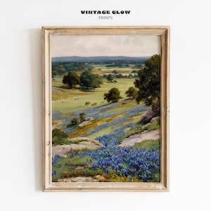 Bluebonnet Field Printable Art | Vintage Texas Wildflower Painting | Rustic Farmhouse Wall Decor | Antique Style Digital Download | #V233