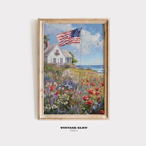 Vintage 4th of July Coastal Art Print | American Flag Independence Day Wall Decor | Patriotic Canvas Style | Digital Download | #V132