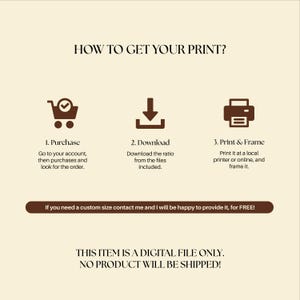 Op de afbeelding: Een digitale instructieafbeelding op een cr&egrave;mekleurige achtergrond met donkerbruine tekst en iconen. Het toont drie stappen: Purchase, Download en Print & Frame. Het bevat een aanbod voor aangepaste formaten en vermeldt: THIS ITEM IS A DIGITAL FILE ONLY. NO PRODUCT WILL BE SHIPPED!
