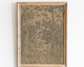 Vintage Woodland Landscape Sketch Print | Antique Moody Farmhouse Rustic Drawing Wall Art | Digital Download