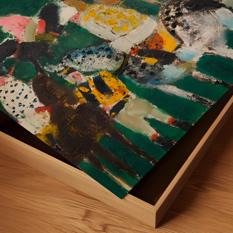 May include: Abstract painting of a horse race, with jockeys in yellow, white, and black. The artwork is framed in a light wood frame, with a green background and splashes of color.