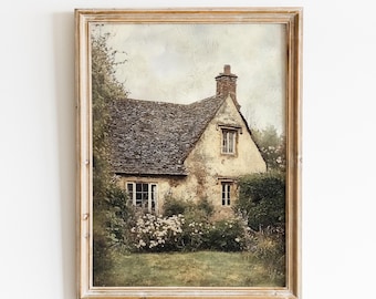Grafika z krajobrazem angielskiej wsi | Sztuka ścienna w stylu vintage Cottagecore Farmhouse | Pobieranie cyfrowe