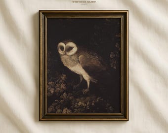 Vintage Owl Portrait Print | Gothic Halloween Wall Art | Antique Dark Academia Painting | Moody Cottagecore Digital Download | #V489