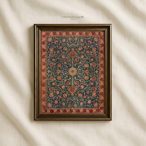 May include: Framed print featuring a detailed floral pattern in shades of teal, red, and gold. The artwork is enclosed in a dark, ornate frame, with the text "VINTAGE GLOW PRINTS" at the top. The design evokes a vintage aesthetic.