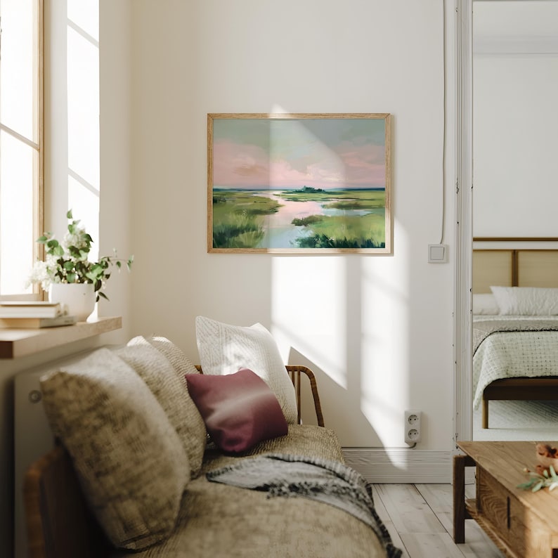 Pastellfärgat träsksolnedgångstryck | Landskapsdekor i kustnära Carolina | Rosa strandhuskonst | Digital nedladdning bild 2