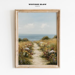 Coastal Wildflower Landscape Print | Vintage Beach Farmhouse Wall Art | Moody Summer Floral Scene | Spring Flower Field | Digital Download