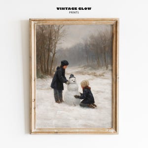Impresión invernal de muñeco de nieve antiguo / Paisaje navideño rústico y melancólico / Descarga digital / #V780