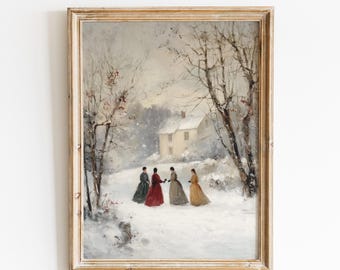 May include: Framed vintage print featuring a winter landscape with four figures in long dresses walking in the snow. The artwork has a muted color palette with a house in the background and the text "VINTAGE GLOW PRINTS" at the top.