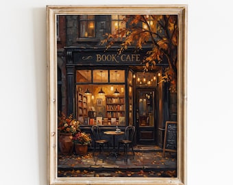 Cozy Bookstore Cafe Autumn Art Print | Dark Academia Decor (Digital Download)