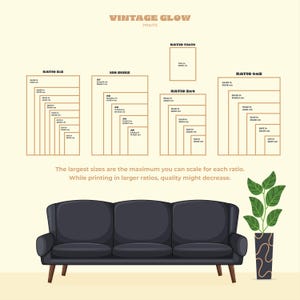 May include: An illustration showing print sizes and ratios, with a black sofa and a potted plant in the foreground. The text "VINTAGE GLOW PRINTS" is at the top. Print sizes are listed in inches and centimeters.