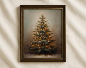 May include: Framed vintage print of a Christmas tree. The tree is decorated with golden ornaments and a star on top. The print has a dark gold frame and the text "VINTAGE GLOW PRINTS" at the top.
