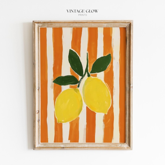 Lemon Art Print | Modern Kitchen Fruit Decor | Striped Lemon Illustration | Digital Download | #V115
