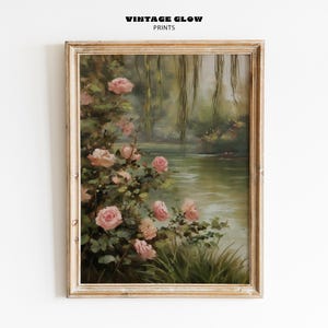 Stampa di uno stagno da giardino vintage con rose / Arte murale con paesaggio floreale impressionista / Decorazione romantica in stile cottage / Download digitale / #V478