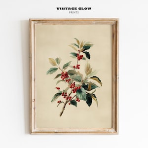 Vintage Holly Branch Botanical Print | Neutral Winter Greenery Christmas Decor | Digital Download | #V613 image 1