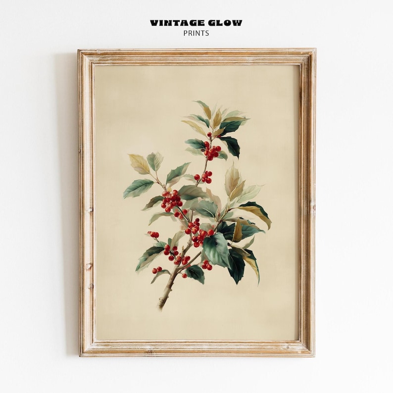 Vintage Holly Branch Botanical Print | Neutral Winter Greenery Christmas Decor | Digital Download | #V613 image 1