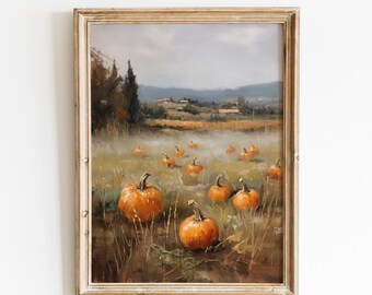 Vintage Pumpkin Field Landscape Print | Rustic Autumn Farm Scene Wall Art | Moody Cottagecore Fall Decor | Digital Download