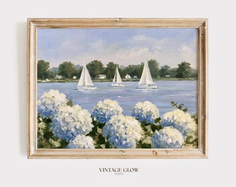 Segelboot & Hortensie Küsten Kunstdruck | Strand Cottage Dekor (digitaler Download)
