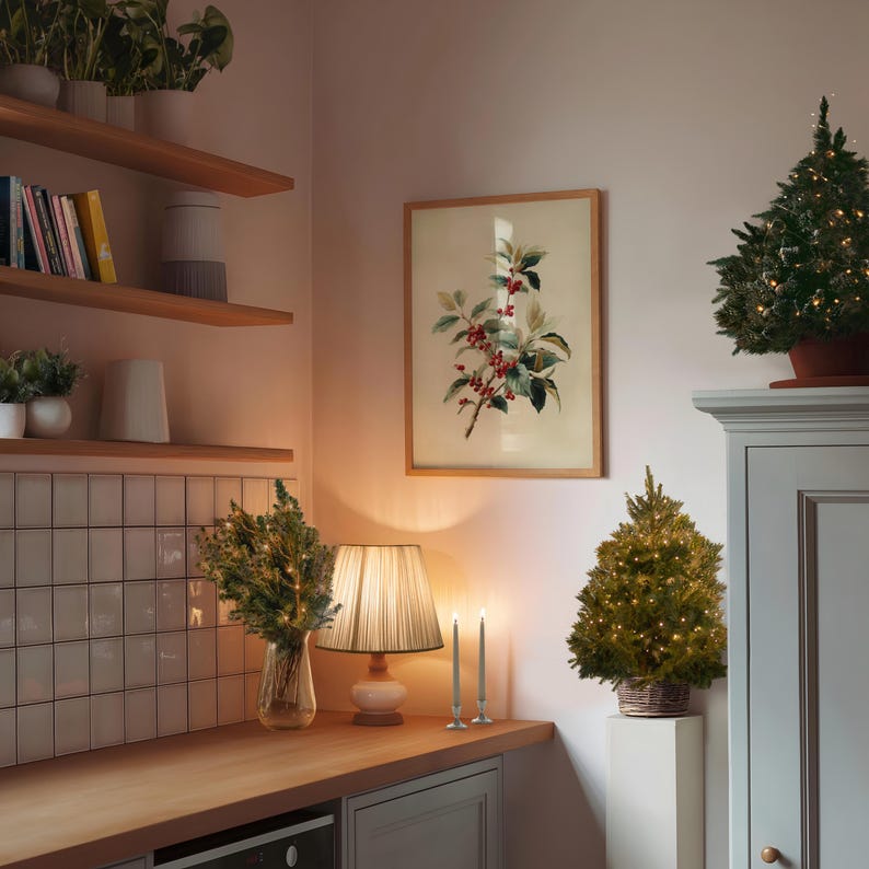 Vintage Holly Branch Botanical Print | Neutral Winter Greenery Christmas Decor | Digital Download | #V613 image 2