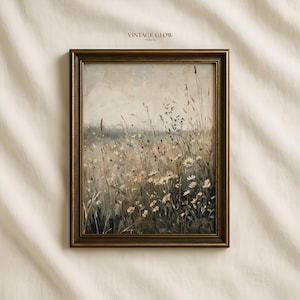 Lámina con estampado de campo de flores silvestres en tonos suaves / Arte mural vintage de pradera primaveral y veraniega / Descarga digital /#V43