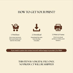 K&ouml;nnte beinhalten: Eine Anleitungsgrafik auf cremefarbenem Hintergrund mit dunkelbraunem Text und Symbolen. Sie zeigt drei Schritte: 1. Purchase, 2. Download, 3. Print & Frame. Sie enth&auml;lt einen Hinweis zu benutzerdefinierten Gr&ouml;&szlig;en und besagt: THIS ITEM IS A DIGITAL FILE ONLY.