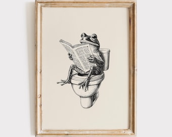 Retro Frosch auf Toilette Druck | Schröckchen Badezimmer Wand Dekor | Verspieltes Frosch Kunstwerk | Digitaler Download