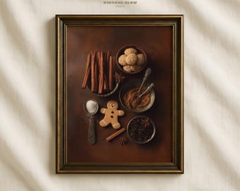 May include: A framed print depicting a still life of baking ingredients. The image shows cinnamon sticks, star anise, small bowls of spices and biscuits, a gingerbread man, and a spoon of salt. The frame is dark brown, and the background is a warm brown.